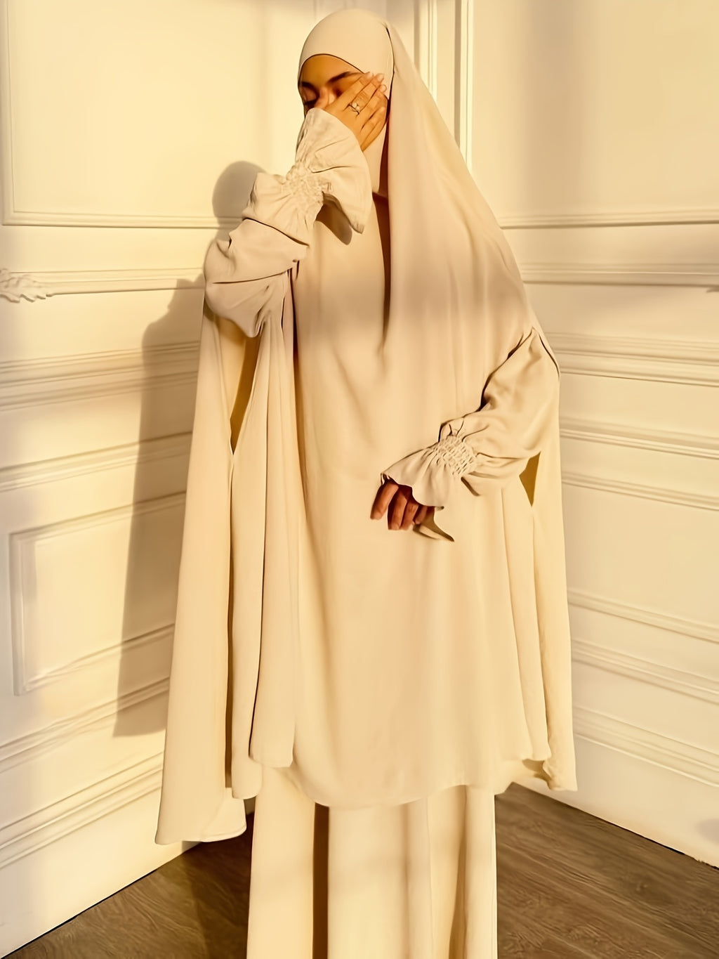 Abaya Middle Eastern Islamic Clothing Loose Comfortable Robe Headscarf with Long Sleeve Dress Two-Piece Set P403 - Apricot