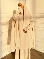 Abaya Middle Eastern Islamic Clothing Loose Comfortable Robe Headscarf with Long Sleeve Dress Two-Piece Set P403 - Apricot