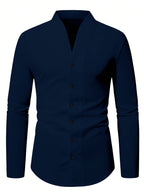 Men'S Solid Color V-Neck Shirt Casual Business Formal Shirt Slim Fit Long-Sleeved Social Party Shirt, Soft And Skin-Friendly Fabric, Suitable for Wearing in All 4 Seasons, Autumn, Stretchy, Office, Button - Dark Blue