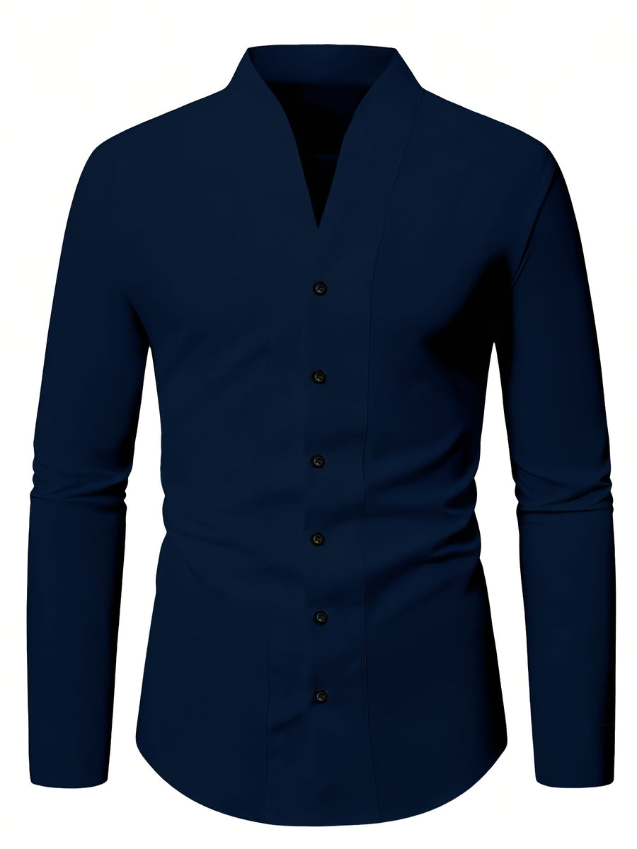 Men'S Solid Color V-Neck Shirt Casual Business Formal Shirt Slim Fit Long-Sleeved Social Party Shirt, Soft And Skin-Friendly Fabric, Suitable for Wearing in All 4 Seasons, Autumn, Stretchy, Office, Button - Dark Blue