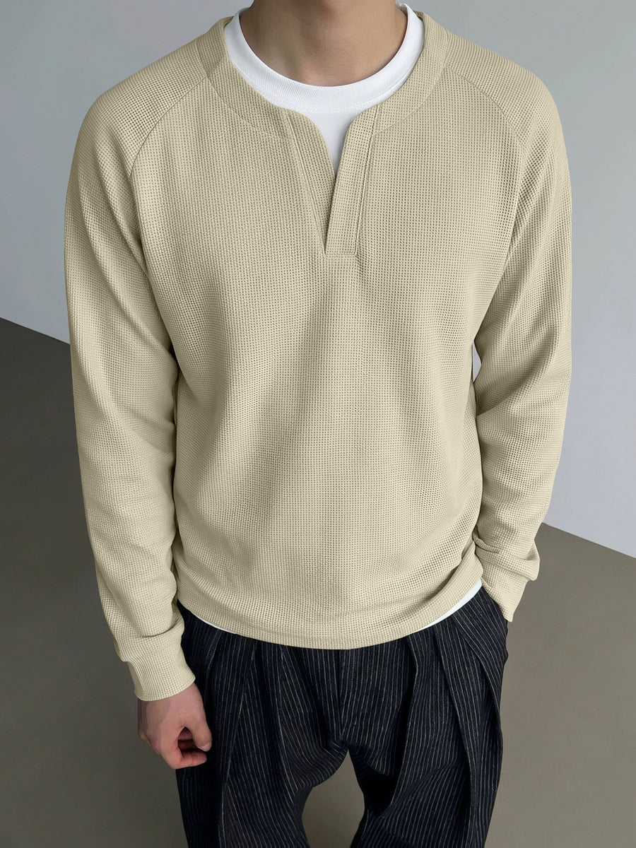 Men's Minimalist Korean Henley Collar Long Sleeve Top Waffle Knit Breathable Raglan Sleeve Casual Sweatshirt for Spring Autumn Daily Commute Layering Wear - Apricot