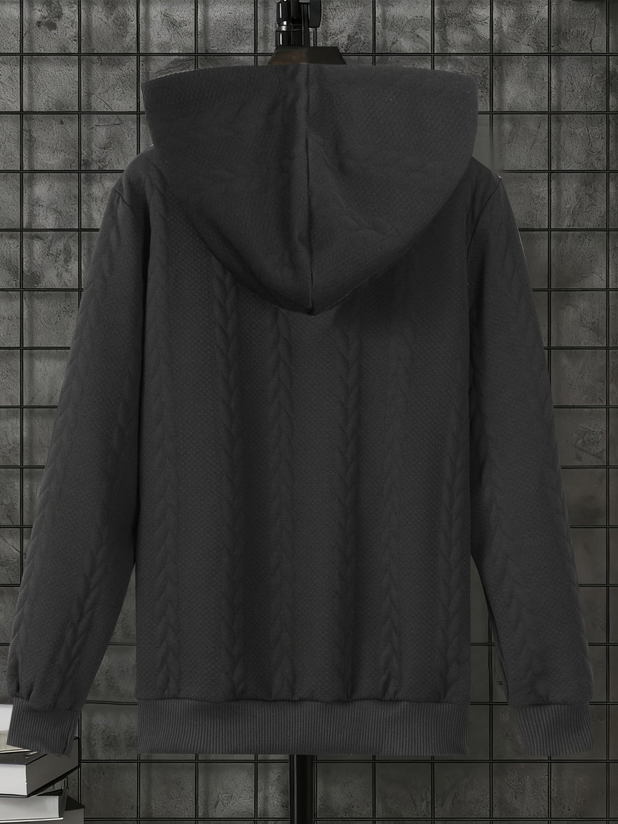 1 Men's Casual Thick Knit Hooded Shirt | High-End Soft Texture Skin-Friendly Fabric | Full Zipper Closure Design | Ribbed Cuffs | Geometric Pattern Jacquard Texture | Loose and Comfortable Fit | Soft, Skin-Friendly, Comfortable, and Warm | for Indoor - Black