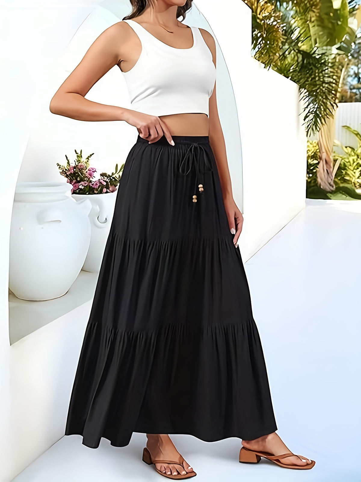 Pleated High-Waist Belt Pocket Long Skirt, A-Line Flowy Layered Beach Half Skirt - Black