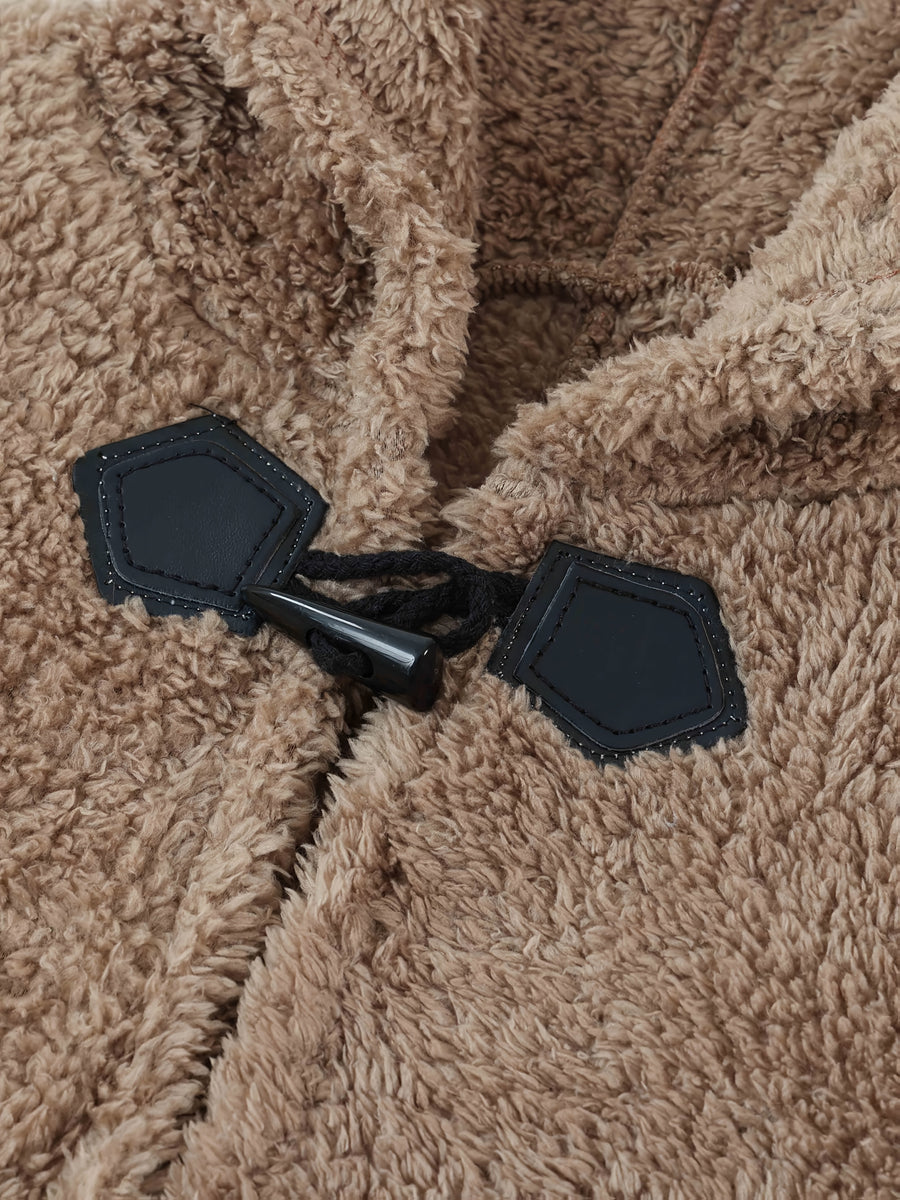 Plus Size - 1pc Faux Horn Button Size Free Solid Color Fashion Hooded Cape - Tawny
