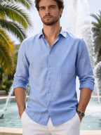Men'S Casual Shirt, Lightweight And Breathable Linen Shirt, Summer Button-Up Collar, Fashionable And Versatile, Suitable for Outdoor Leisure And Daily Wear () - Sky Blue