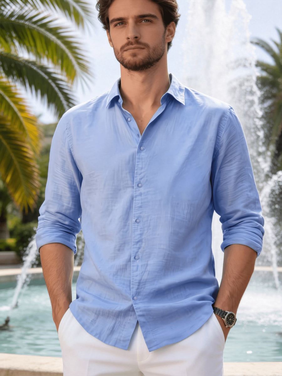 Men'S Casual Shirt, Lightweight And Breathable Linen Shirt, Summer Button-Up Collar, Fashionable And Versatile, Suitable for Outdoor Leisure And Daily Wear () - Sky Blue