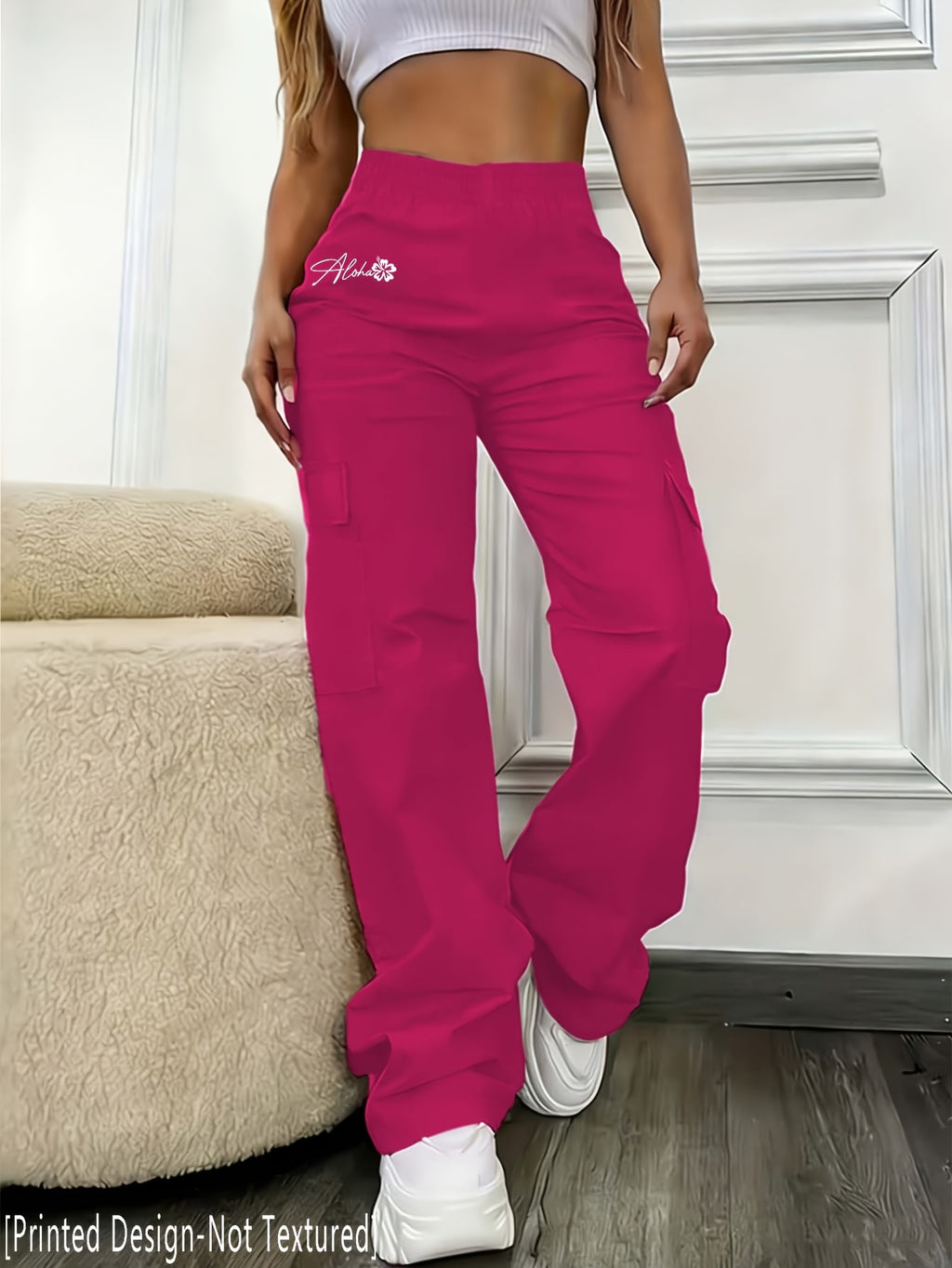 D355- Women'S Casual Pants, Creative Design Floral Print, Fashionable Cargo Pants-Why1526 - Rose Red