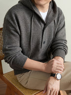 Men's Hooded Henley Neck Knit Sweater, 340GSM, 56.4% Polyester, 25.4% Nylon, 18.2% Acrylic, Half-Zip Drawstring Hooded Pullover, Anti-Pilling Warm Business Casual Long-Sleeve Knitwear - Dark Gray