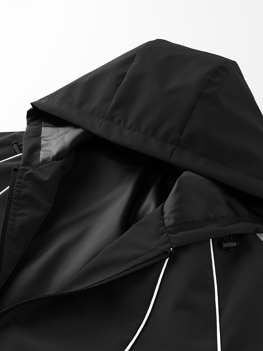 Men's Lightweight Hooded Zip-Up Jacket with White Drawstrings, Thin Style, Suitable for All Seasons, JK5689 - Black