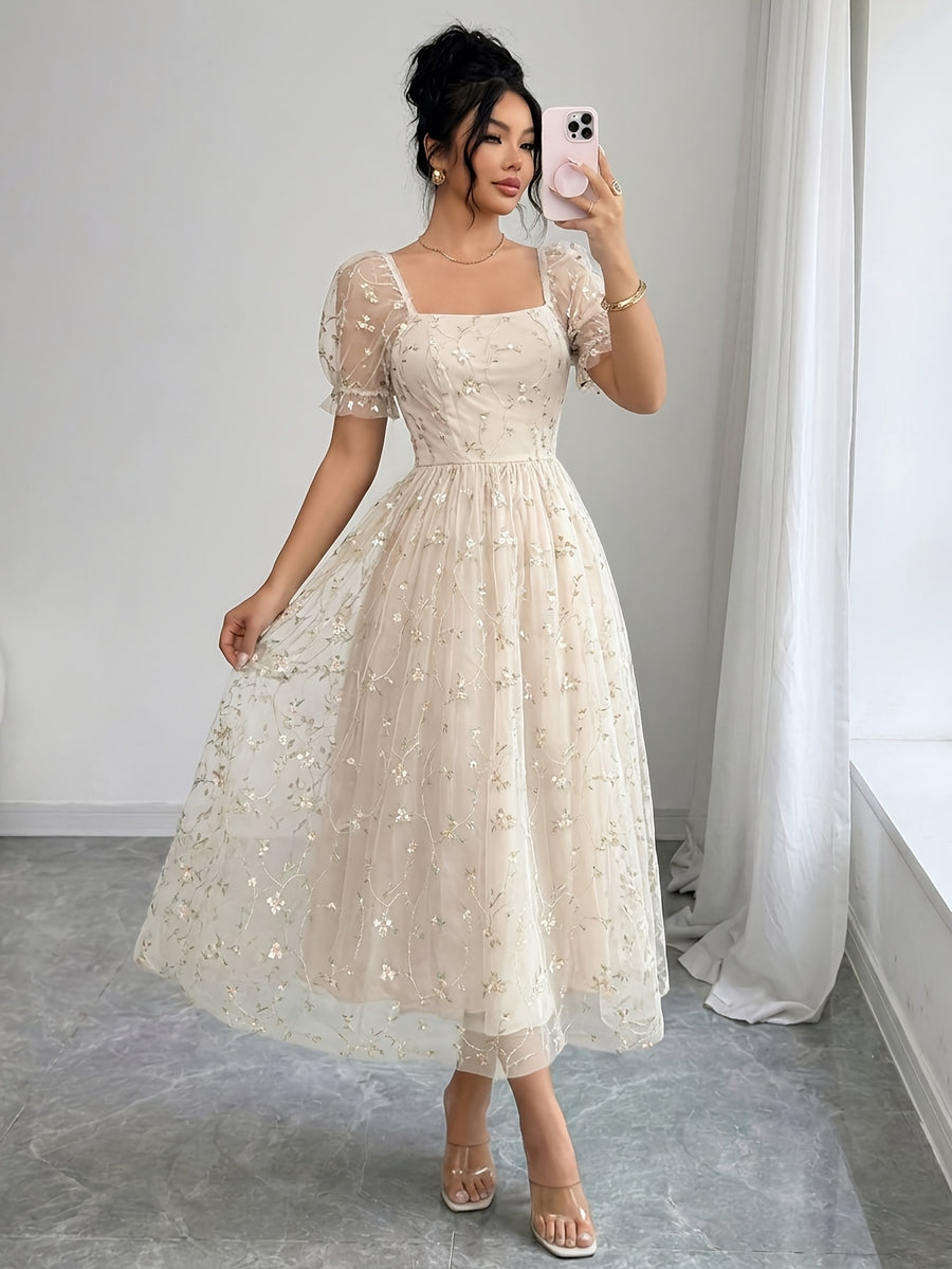 Women's French-Style -Line Dress with Square Neck & Mesh - Elegant Suitable for Weddings, Parties, - Machine Washable Non- Dress for Year-Round Wear, Fashion - Apricot