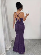 Women's Sparkling Strapless Backless Mermaid Gown for Formal Occasions - Deep Purple