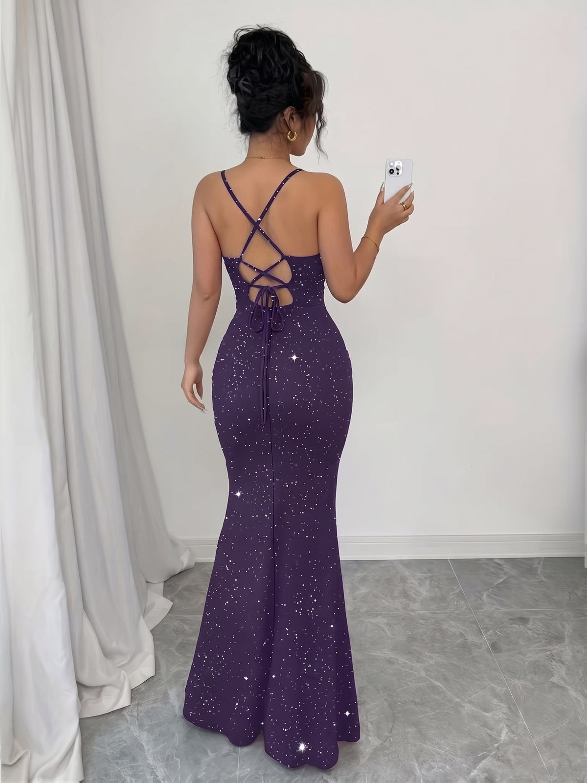 Women's Sparkling Strapless Backless Mermaid Gown for Formal Occasions - Deep Purple