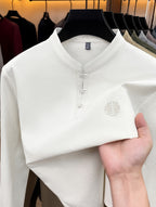 Men's Long-Sleeve T-Shirt with Chinese-Style Stand-Up Collar and Three Buttons, Spring/Autumn Fit Style Casual Base Layer Top - Off-white