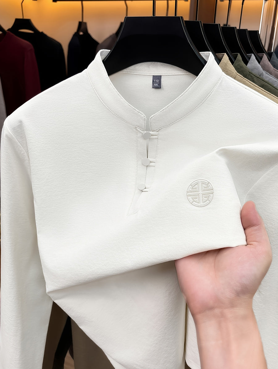 Men's Long-Sleeve T-Shirt with Chinese-Style Stand-Up Collar and Three Buttons, Spring/Autumn Fit Style Casual Base Layer Top - Off-white