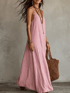 Women'S Spaghetti Strap Maxi Dress, V-Neck Loose Flowing Long Dress, Bohemian Casual Beach Vacation Summer Beach Dress - Pink