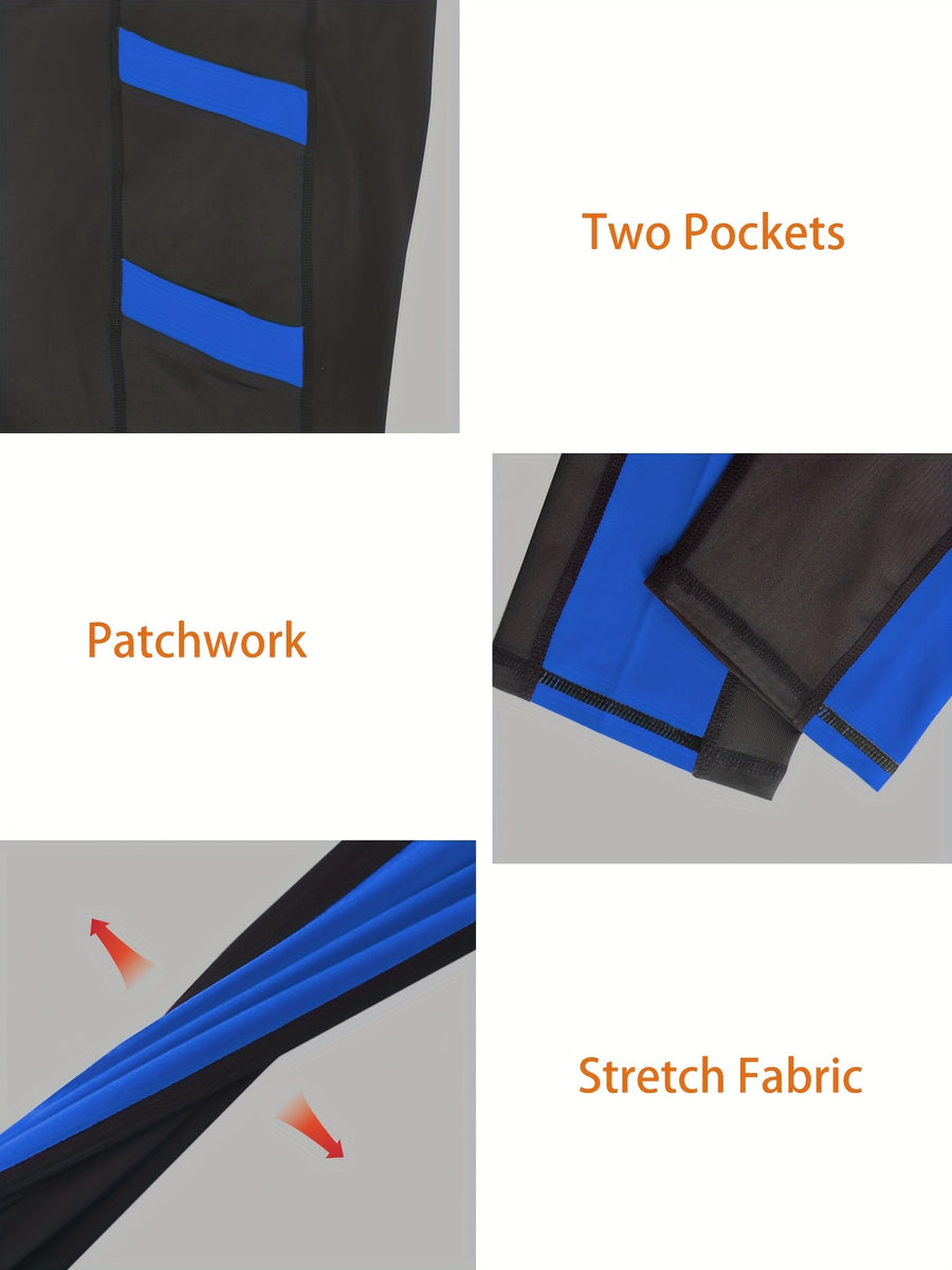 Plus Size Women's High-Waisted Yoga Pants Tummy Control Workout Leggings with 4 Side Pockets Color-blocking Design,for Running, Fitness Casual & Sports Wear - Royal Blue