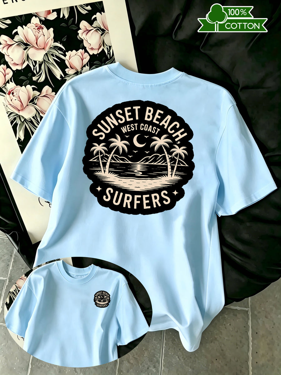 New Summer Style Men's Casual Sportswear Short-Sleeve Cotton T-Shirt with Coconut Tree and Crescent Moon Print, Moisture-Wicking and Comfortable for Fitness, Leisure, and Outdoor Activities - Light Blue
