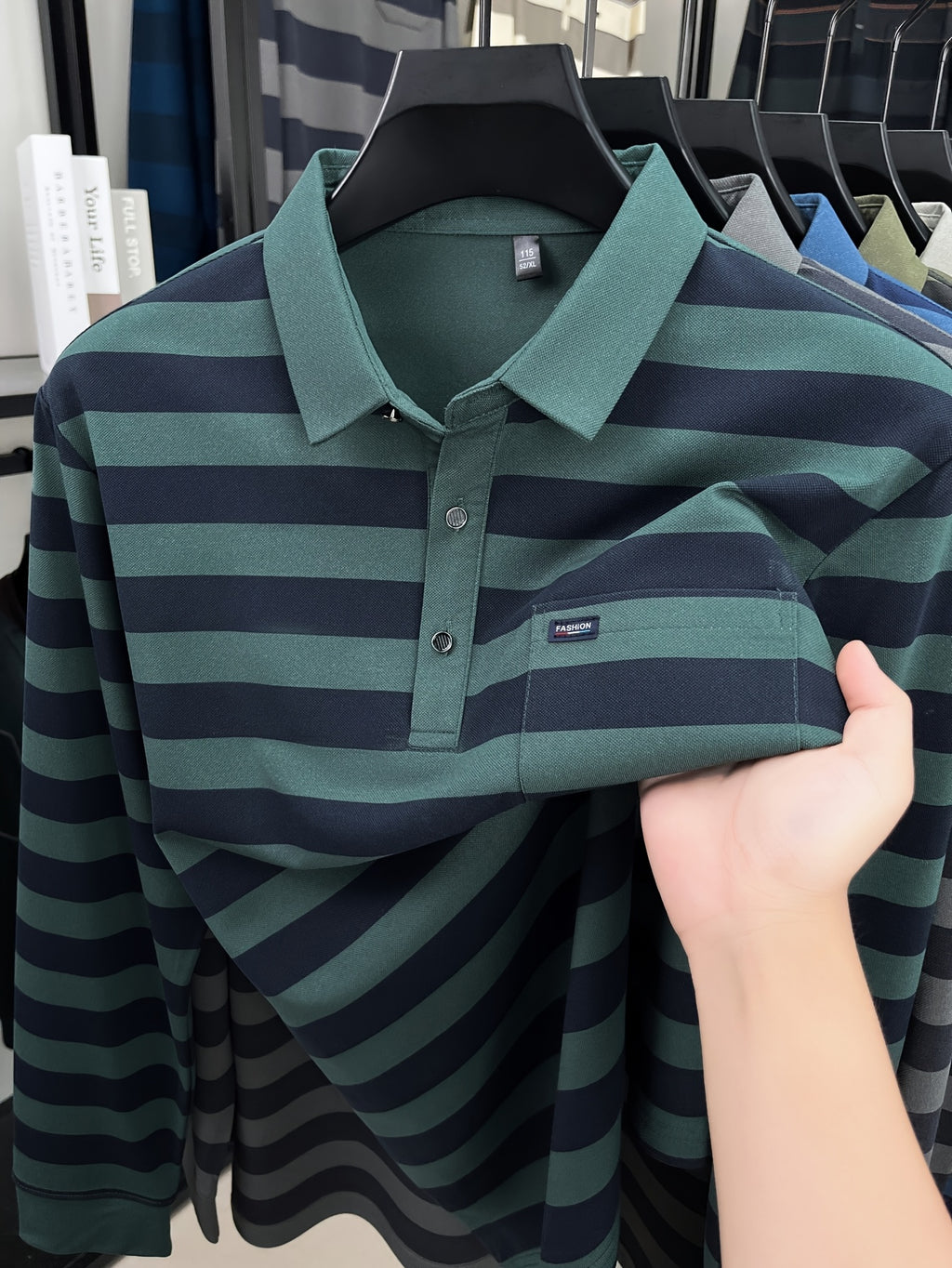 Minimalist Urban Striped Long-Sleeve Polo Shirt for Portable Daily Commuting - Green