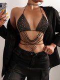 Lingerie Splicing Fishnet Hollow Rhinestone Tie Halterneck Suspender Hot Music Festival Sexy Outerwear Top - Black