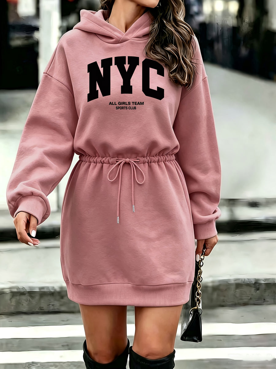 Women'S Tummy Control Drawstring Letter NYC Print Hooded Sweatshirt - Dark Pink