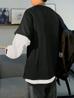 American-style Trendy Basic Simple and Versatile Unisex Raglan Sleeve Design, Suitable for Autumn and Winter, Casual Loose Fit, Color-blocked Crew Neck 2-in-1 Look Men's Long-sleeve Base Layer Shirt - Black