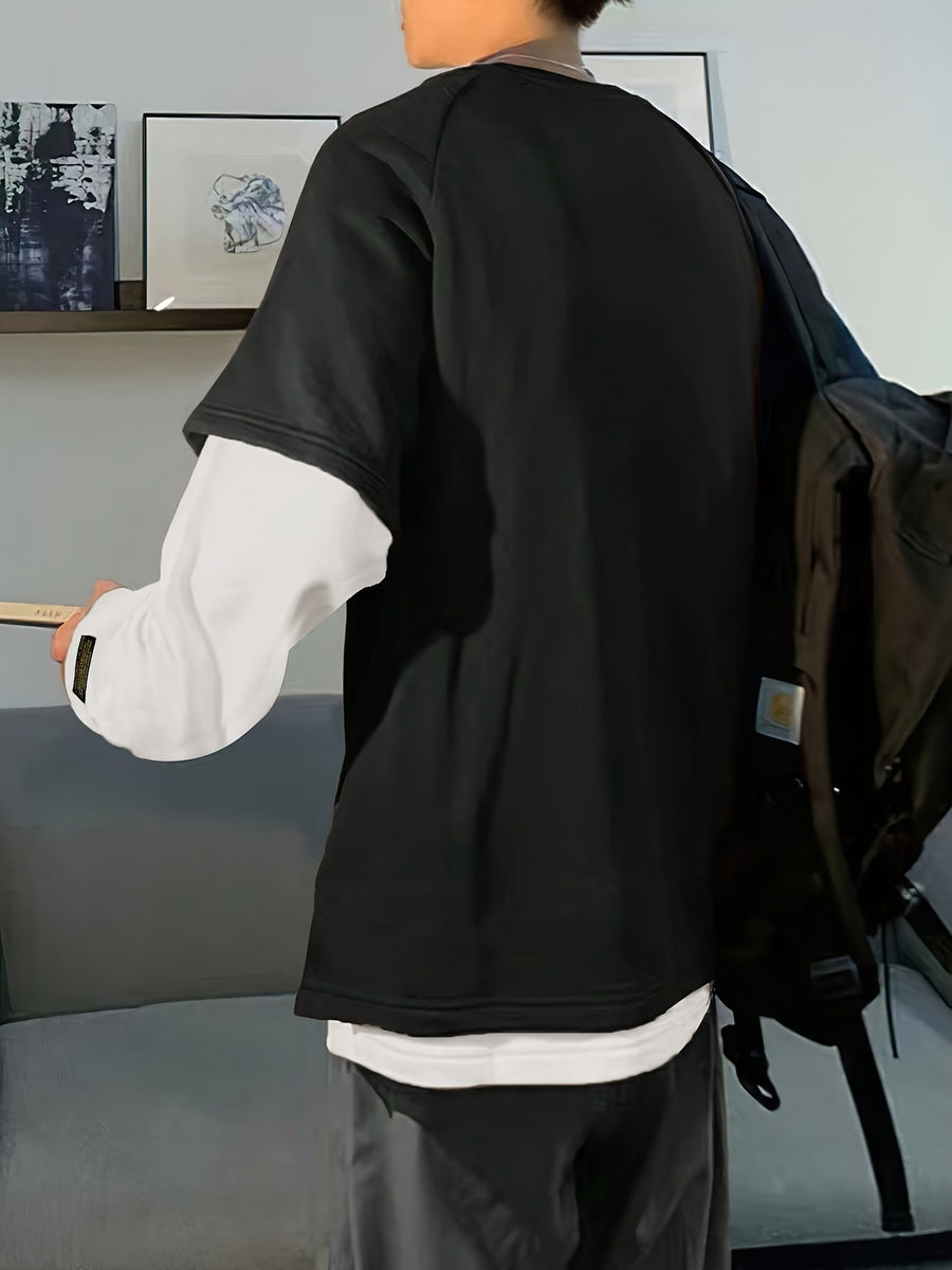 American-style Trendy Basic Simple and Versatile Unisex Raglan Sleeve Design, Suitable for Autumn and Winter, Casual Loose Fit, Color-blocked Crew Neck 2-in-1 Look Men's Long-sleeve Base Layer Shirt - Black