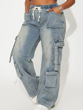 Women's Washed Denim Elastic Waist Pocket Cargo Pants - Medium Blue