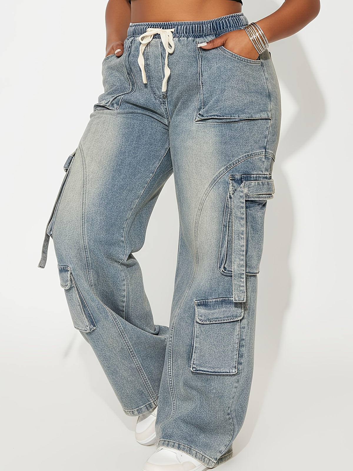 Women's Washed Denim Elastic Waist Pocket Cargo Pants - Medium Blue