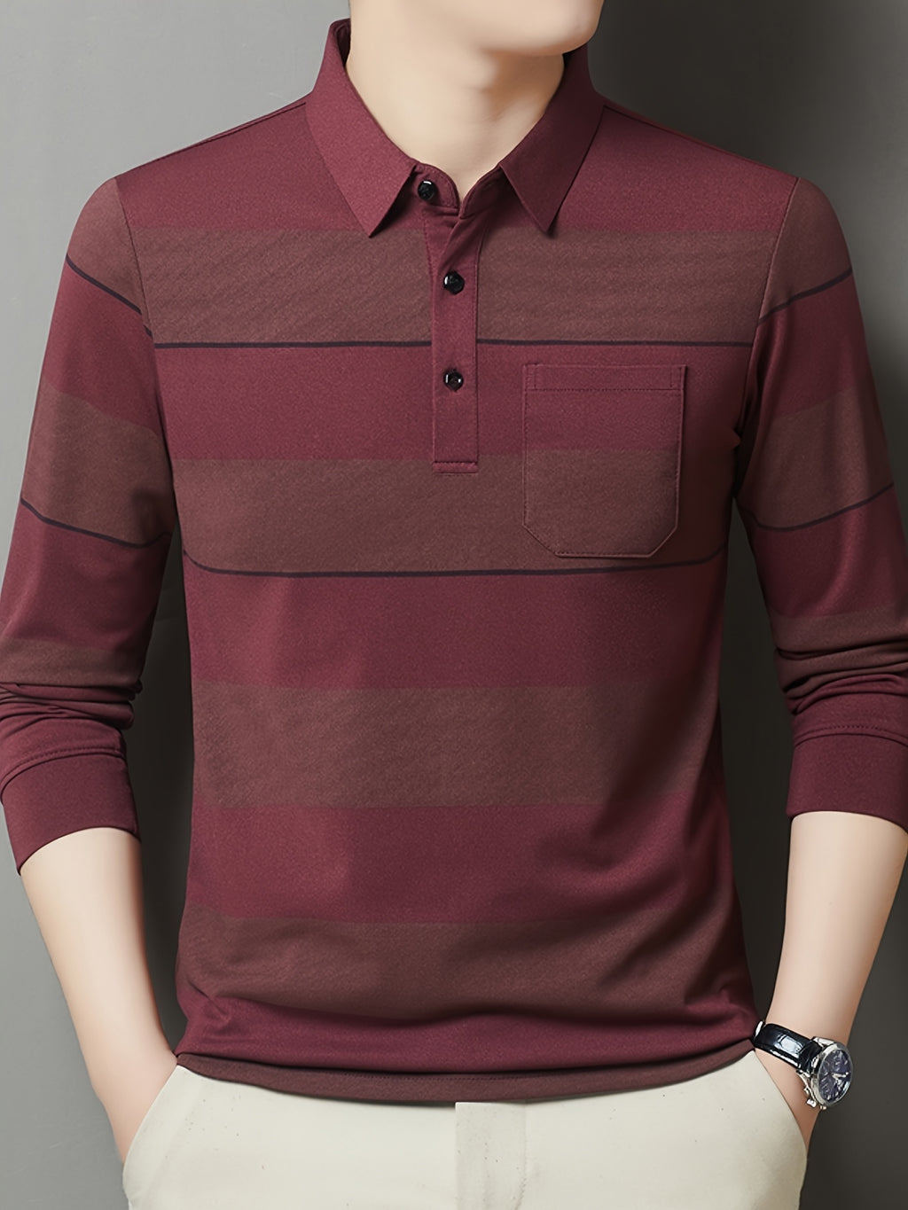 SaXing OBM Men's New Spring/Autumn Polo Shirt, Contrast Color Half-Open Placket Single-Breasted Polo Collar Long Sleeve Pullover Base Layer Top, Suitable for Spring, Summer, Autumn, and Winter Wear, Versatile for Daily and Casual Wear - Red