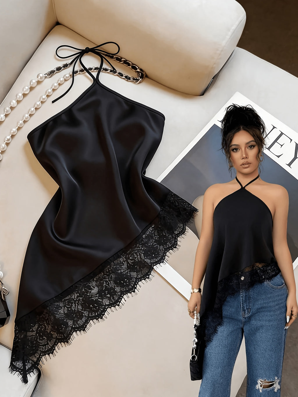 New Women's Satin Summer Backless Lace Camisole Top, Sexy Sleeveless Bodycon Blouse, Suitable for Parties, Cocktail Events, Formal Occasions, and Business Casual Women's Beachwear - Black