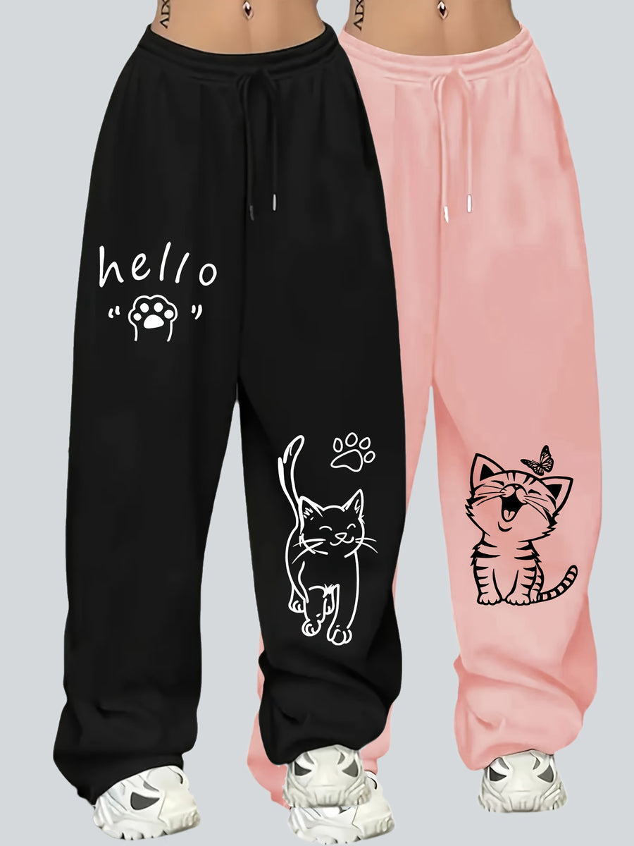 2pcs Plus Size Women'S Casual Wide-Leg Athletic Pocket Sweatpants, Solid Color Drawstring Pattern Printed Sweatpants - Black+Pink