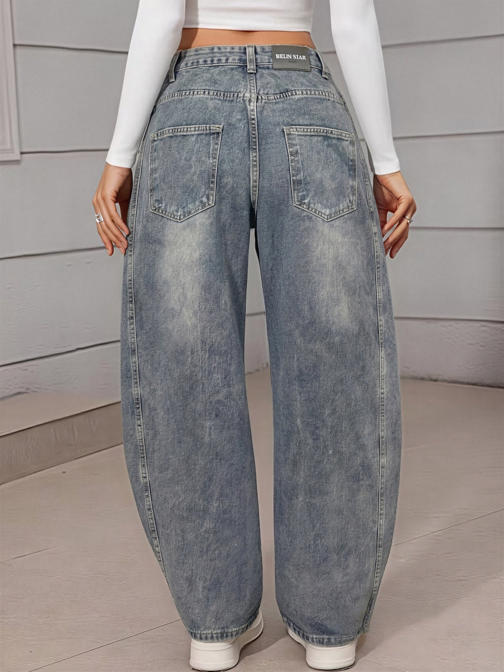 Women's Vintage Blue Loose-Fit Jeans, High-Waist Curved Stitch Wide-Leg Scalloped Hem Pants, Casual Streetwear Everyday Trousers - 611 Blue-Gray - Bright Steel Blue