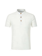 Men's Solid Color Patchwork T-Shirt, Simple and Elegant with a Vintage Button Design, Comfortable to Wear. Suitable for Spring, Summer, Home, Outings, and Travel Occasions, Showcasing a New Casual and Business Style - White