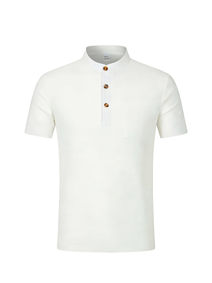 Men's Solid Color Patchwork T-Shirt, Simple and Elegant with a Vintage Button Design, Comfortable to Wear. Suitable for Spring, Summer, Home, Outings, and Travel Occasions, Showcasing a New Casual and Business Style - White