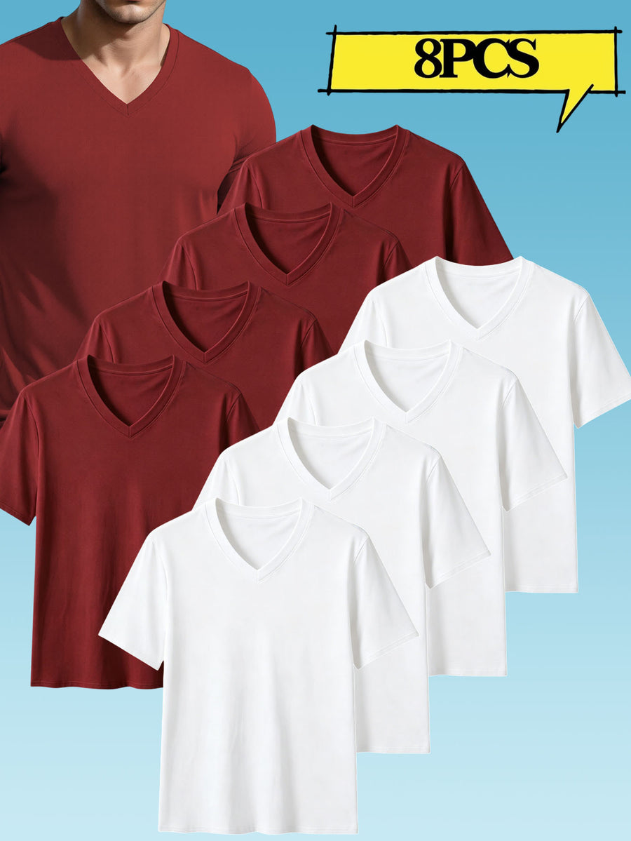 8pcs Men's Casual Knit Ribbed V-Neck T-Shirt / Soft and Comfortable Fabric / Short Sleeve / Solid Color / Crew Neck / Back-to-School Season, Casual Sporty Design Top, Multiple Colors Available, Suitable for Summer Daily Wear - 4 pieces white + 4 pieces burgundy
