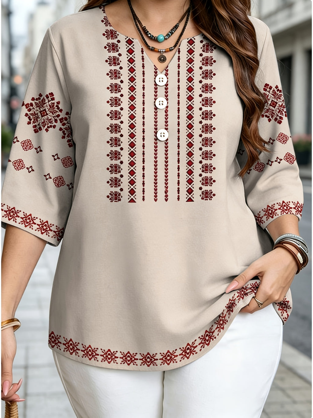 Fashion Women's Wear Beige Vintage Red Ethnic Embroidery Print V-Neck Three-Quarter Sleeve Half-Button Casual Blouse, a Perfect Gift for Women [Printed Design – Not Textured] - Mixed colors