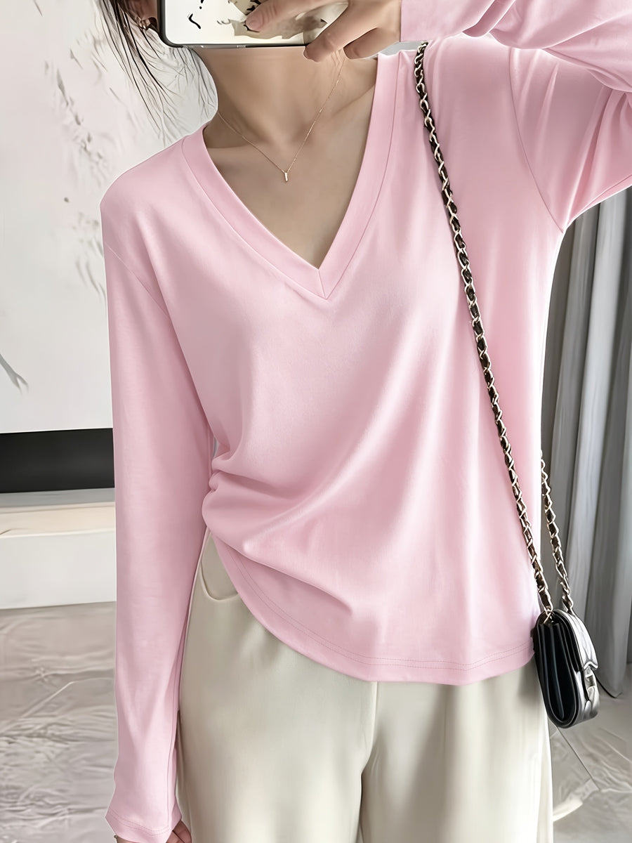 Loose Fit Drop Shoulder Sleeves Relaxed Style Women's Long Sleeve T-Shirt Polyester Women's Autumn Top Thin V-Neck Pullover Solid Color Basic Style Women's Casual Base Layer Spring/Autumn Women's Clothing Machine Washable, Not Dry Cleanable Autumn - pink