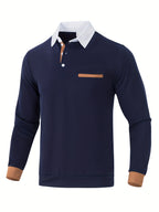 2025 Cross-Border European and American Fashion Men's Shirt Collar Long-Sleeve T-Shirt, Pocket Patchwork; Cuff Patchwork Style; Casual Long-Sleeve Lapel Polo Shirt;, Regular Fit, Autumn, Daily - Navy Color