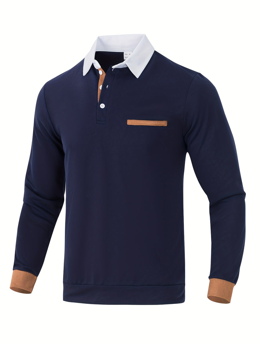 2025 Cross-Border European and American Fashion Men's Shirt Collar Long-Sleeve T-Shirt, Pocket Patchwork; Cuff Patchwork Style; Casual Long-Sleeve Lapel Polo Shirt;, Regular Fit, Autumn, Daily - Navy Color