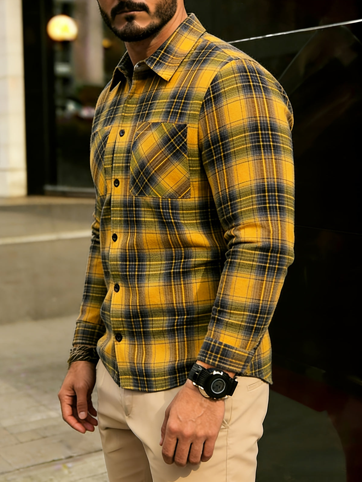 Men'S Casual Plaid Long Sleeve Shirt, Lapel Collar, Open Placket with Button Closure, Fashionable Double Pockets, Lightweight Breathable Fabric, Classic Checkered Pattern, Suitable for Spring Summer Daily Outing, Vacation, Camping, Commuting - Yellow And Green Grid