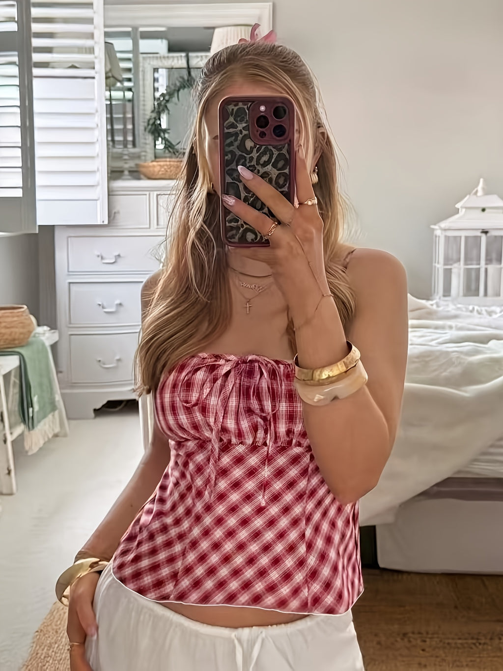 Women'S Elegant Retro Red And White Checkered Sleeveless Vest Dress, Bow Tie with Buttons Summer Top, Ideal Choice for Picnics, Festivals, And Summer Attire, Fashionable Clothing - Mixed colors