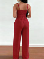 2-piece Women's Set with Thin Strap Stretch Camisole and Wide-leg Pants (front Tie) for Casual Vacation Wear - Brick Red