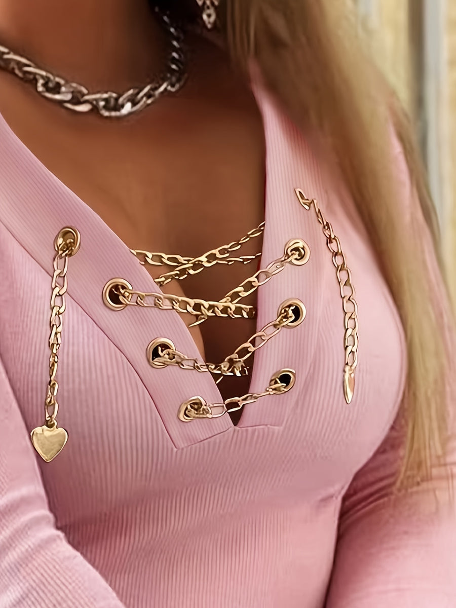 Ladies' V-Neck Stylish And Elegant Long-Sleeve T-Shirt with a Crossover Chain Design - Pink
