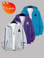 50%, 50% Polyester, 3pcs Men'S Patchwork Warm Fleece Zip-Up Hooded Sweatshirt, Men'S Clothing, Long Sleeve Fleece Jacket, Zip-Up Top, Hooded Sweatshirt, Pockets, Drawstring, Suitable for Outdoor, Casual, Back-To-School Season, Gift for Boyfriend - Light gray + purple + cyan