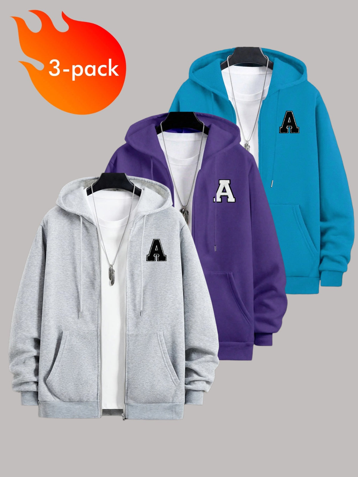 50%, 50% Polyester, 3pcs Men'S Patchwork Warm Fleece Zip-Up Hooded Sweatshirt, Men'S Clothing, Long Sleeve Fleece Jacket, Zip-Up Top, Hooded Sweatshirt, Pockets, Drawstring, Suitable for Outdoor, Casual, Back-To-School Season, Gift for Boyfriend - Light gray + purple + cyan