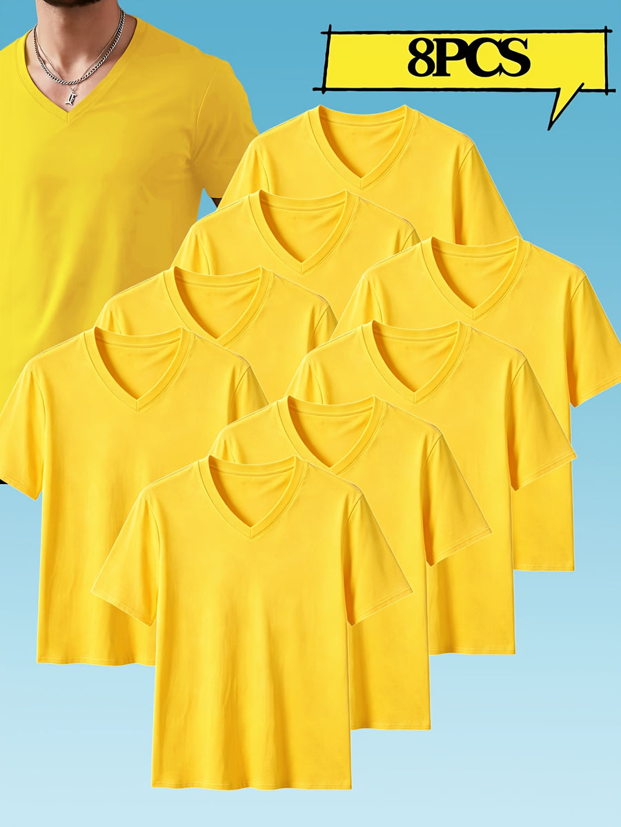 8pcs Men's Casual Knit Ribbed V-Neck T-Shirt / Soft and Comfortable Fabric / Short Sleeve / Solid Color / Crew Neck / Back-to-School Season, Casual Sporty Design Top, Multiple Colors Available, Suitable for Summer Daily Wear - 8 Pieces Yellow