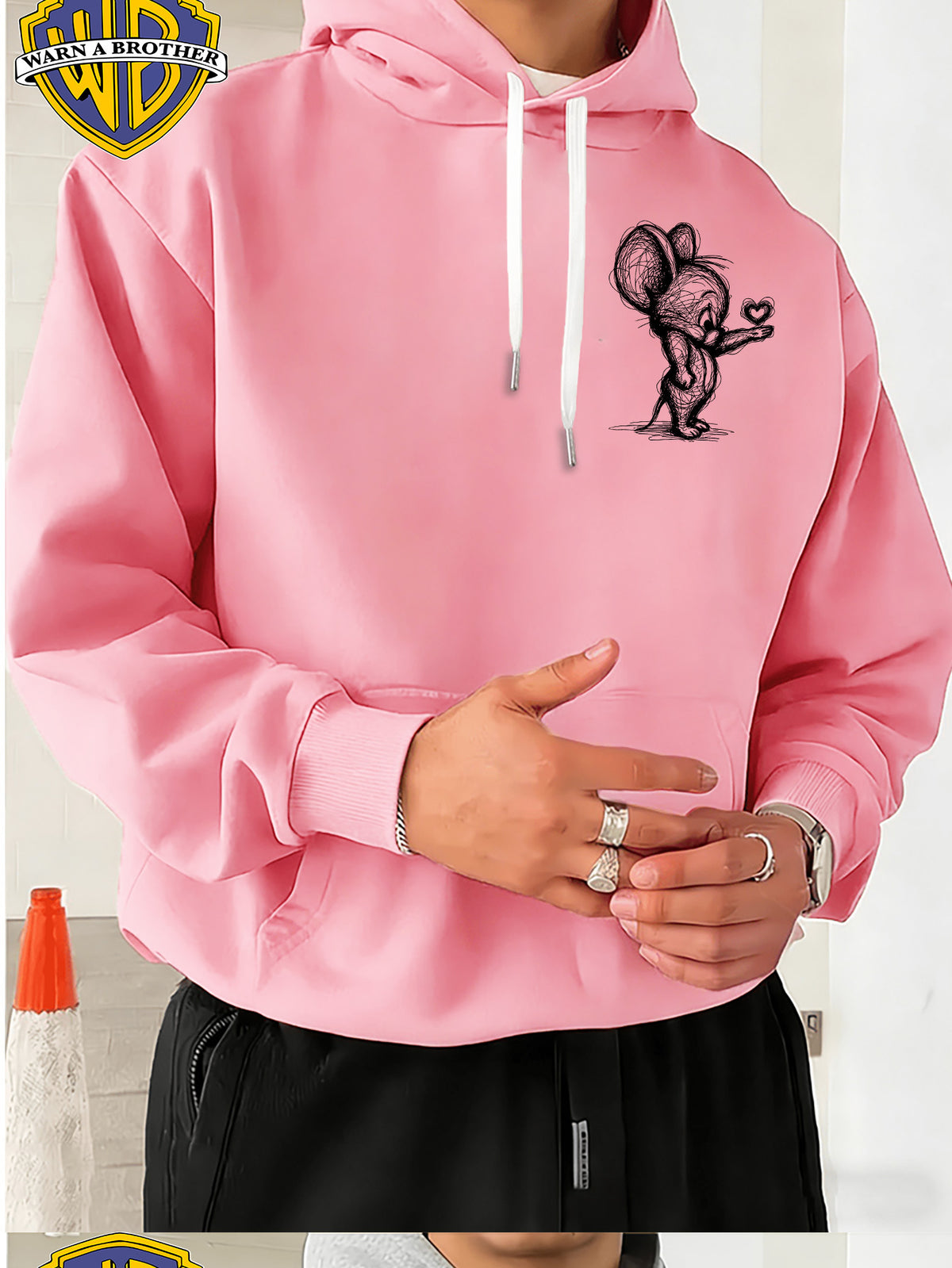Official Warner Bros., Trendy Cool American Street Style Classic Character Theme Print Hoodie, American Street Style Unisex Long Sleeve Top, Suitable for Daily And Outdoor Activities, Ideal Warm Outerwear Choice for Autumn And Winter! - Pink Color