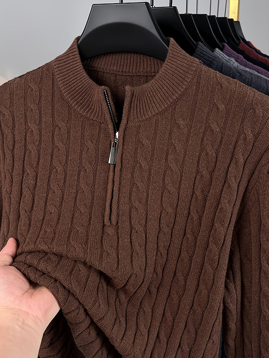 Men'S Half-Zip Jacquard Knit Sweater, Retro Luxury, Breaking The Monotony of Middle-Aged Sweaters, Suitable for Business Casual - SINBOS - Coffee Color