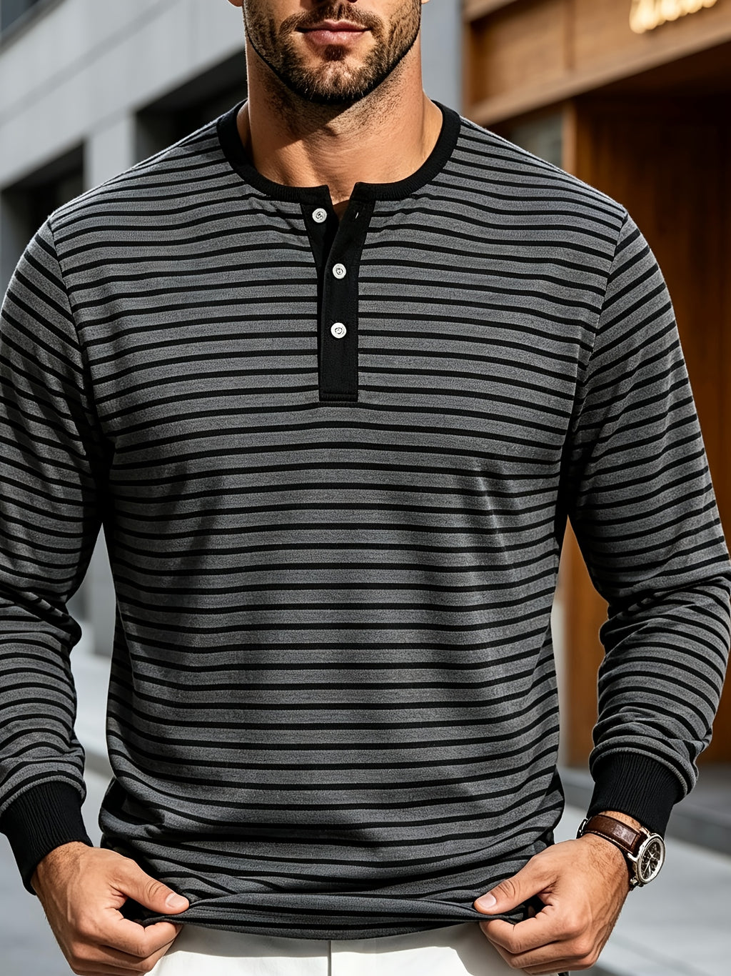New Men's Striped Henley Neck Long Sleeve T-Shirt, Contrast Color Placket Button Casual Slim Fit Base Layer Top for Spring and Autumn - Dark Gray