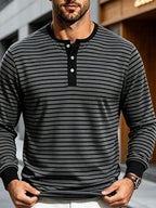 New Men's Striped Henley Neck Long Sleeve T-Shirt, Contrast Color Placket Button Casual Slim Fit Base Layer Top for Spring and Autumn - Dark Gray